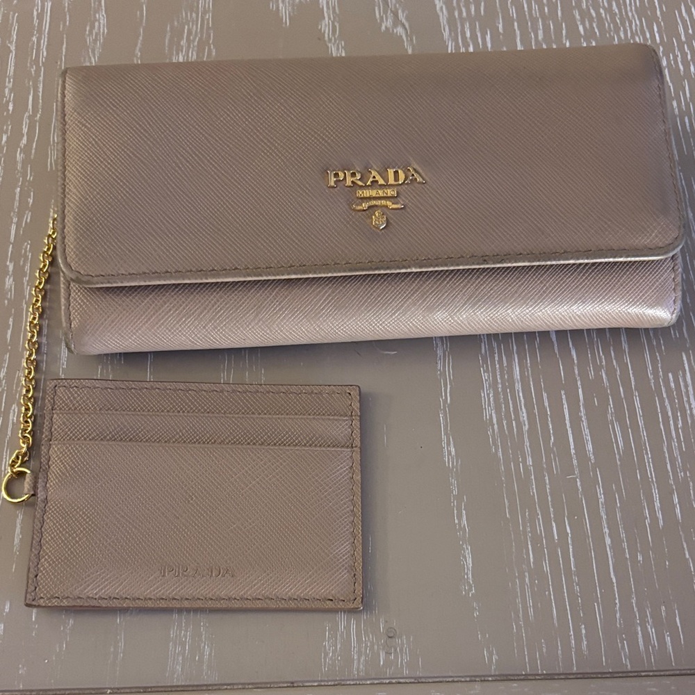 Prada Taupe Saffiano Leather Wallet Clutch with Gold Logo ONE DAY SALE